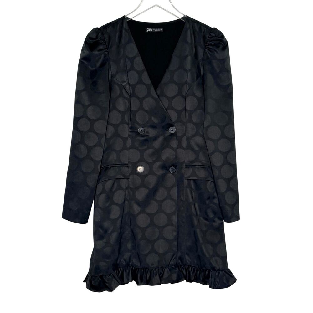 Zara Jacquard Mini Blazer Dress L Black Subtle Polka Dot Double Breasted Ruffle